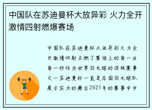 中国队在苏迪曼杯大放异彩 火力全开激情四射燃爆赛场