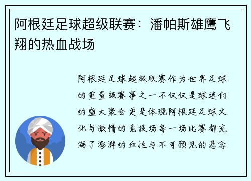 阿根廷足球超级联赛：潘帕斯雄鹰飞翔的热血战场